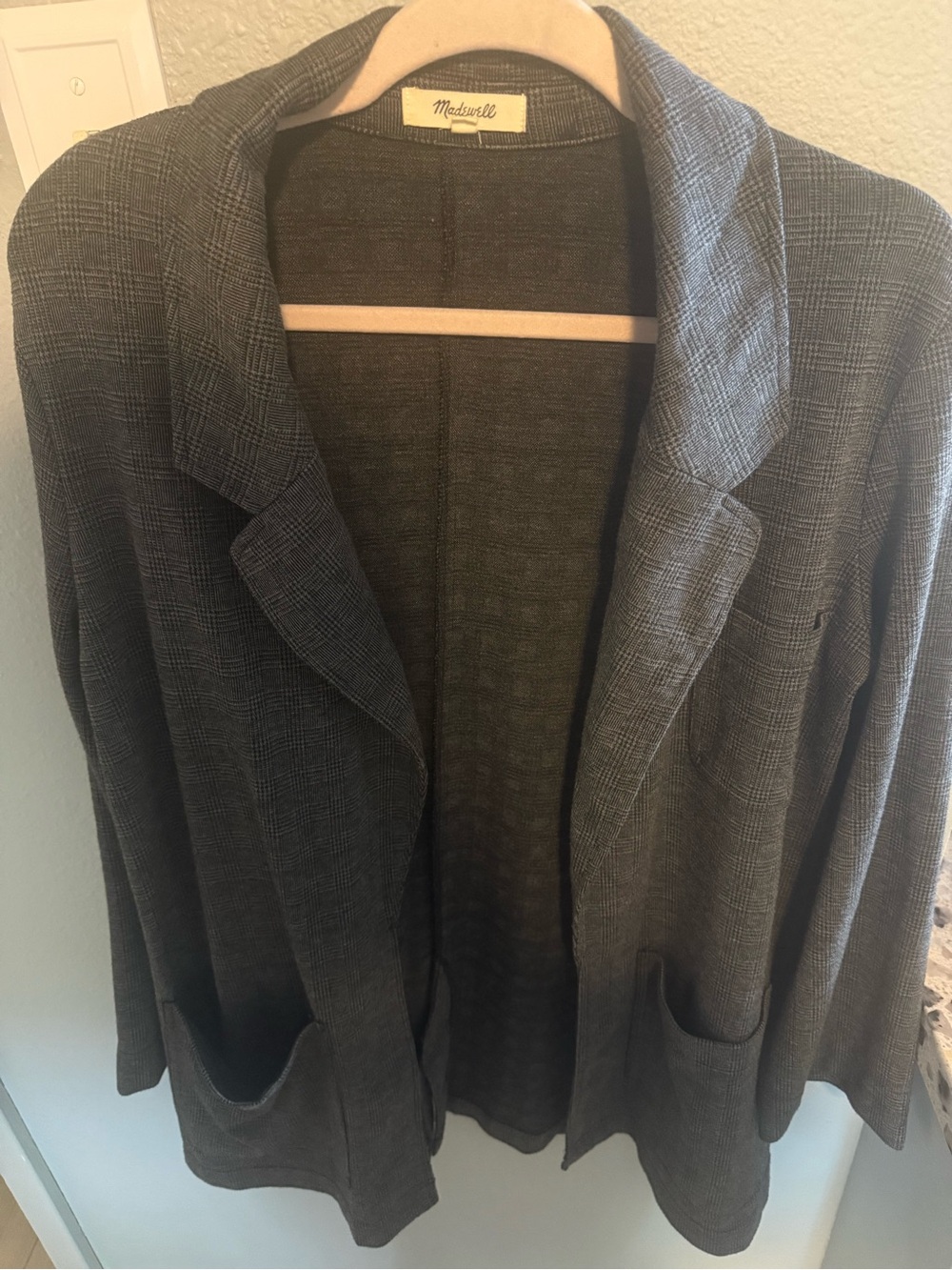 Madewell Charcoal Plaid Open-Front Knit Blazer Cardigan